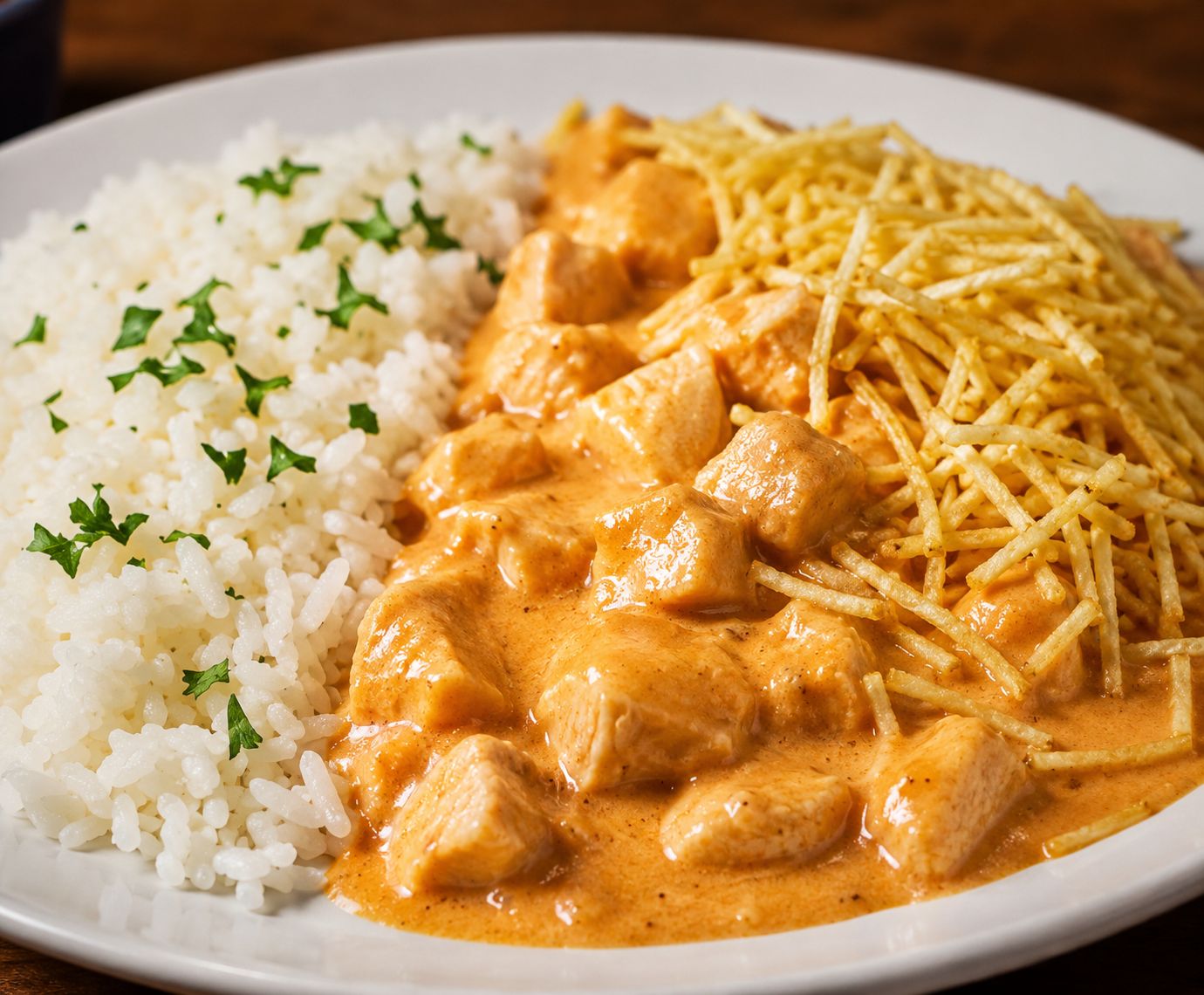 Strogonoff de Frango com Arroz e Batata Palha